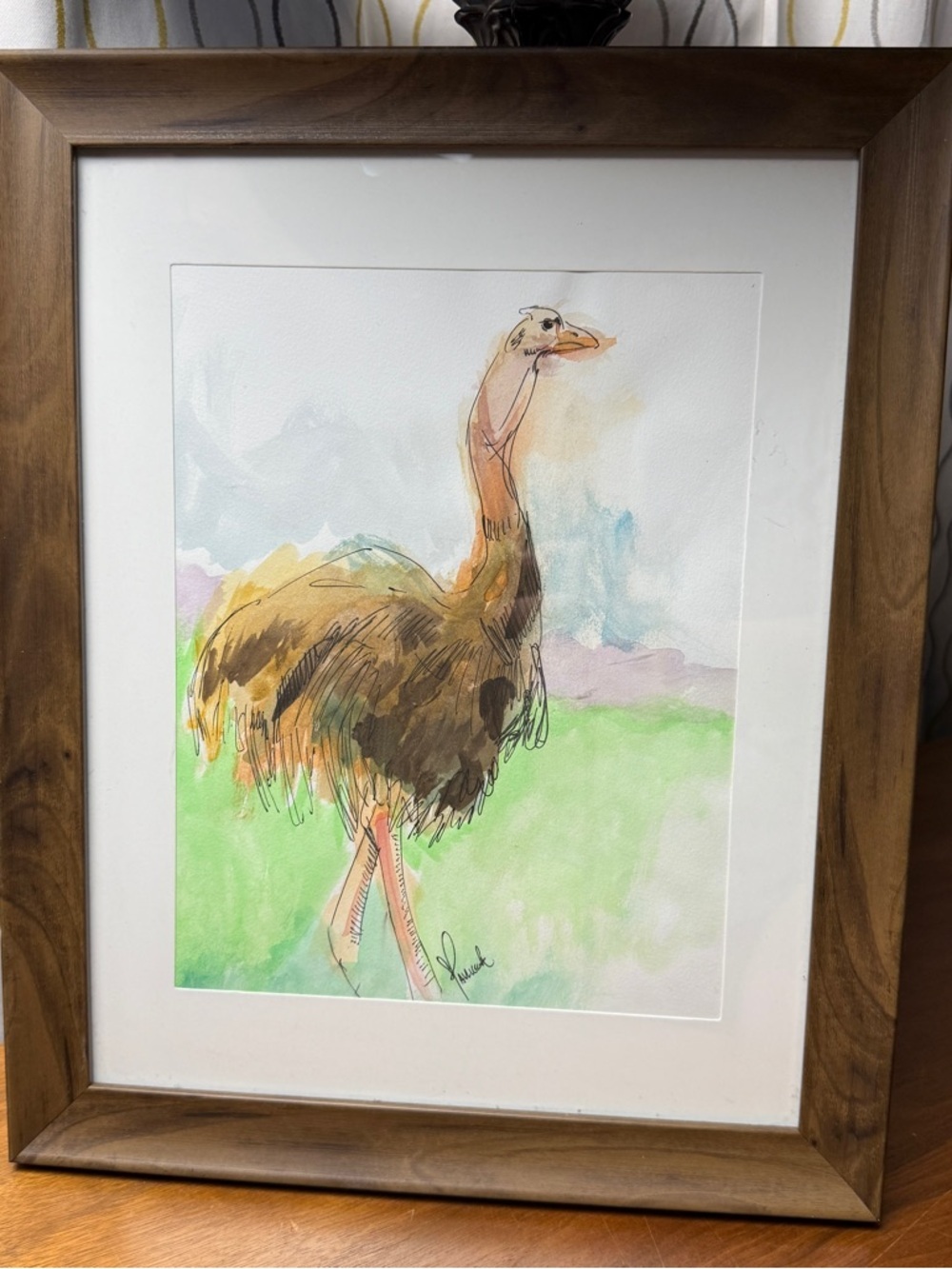 Original Watercolor Painting Confident Ostrich Bird Sketch Signed Framed Emu